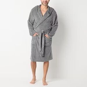 NWT St. John's Bay Mens Medium-Large Plush Long Length Hooded Robe Bathrobe Gray
